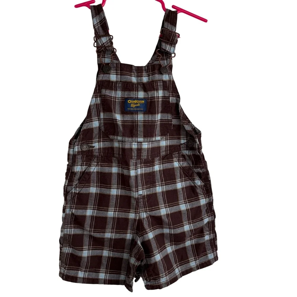 OshKosh B'gosh Plaid Overalls 18M Brown Blue Cotton Romper Vestbak Vintage Style